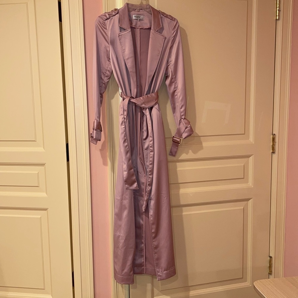 House Of CB long pink silk trench coat in size XS